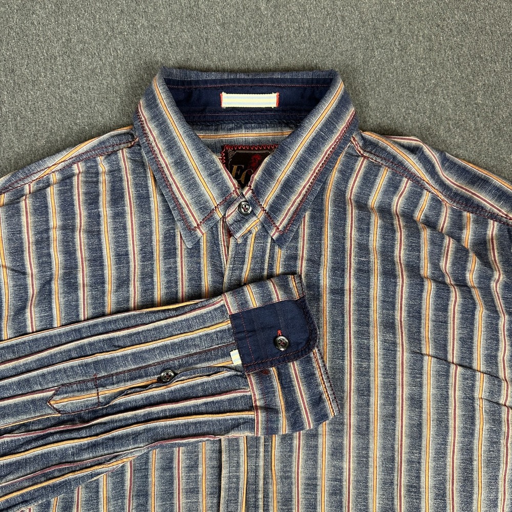 EQ Rooster Mens XL Striped Button Up Shirt Blue Long Sleeve Cotton Contrast Cuff
